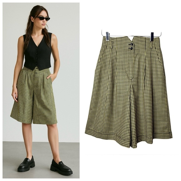 ESCADA Green Plaid Wool Cashmere Vintage High Rise Wide Leg Culotte Shorts Sz 36 - Picture 1 of 16